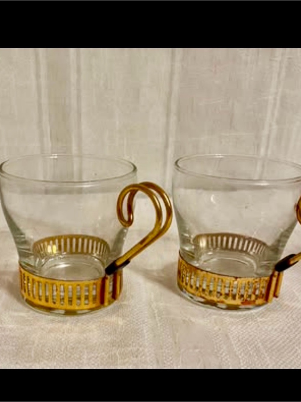 Pair of Mid-Century Libbey Glass “Continental” Gold Metal Cup Holders